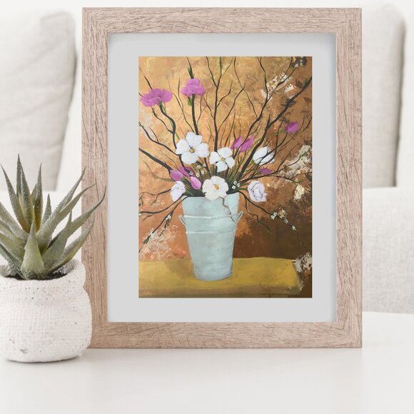 Original Artwork,  Mini Art Print, Floral Wall Decor,  Handmade Pink and White - Picture 5 of 10